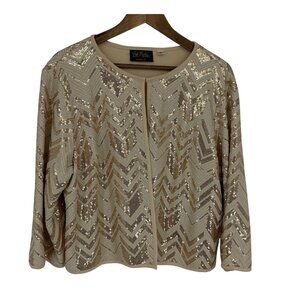 Bob Mackie Wearable Art Beige & Gold Sequin Chevron Jacket Fully Lined Size XL